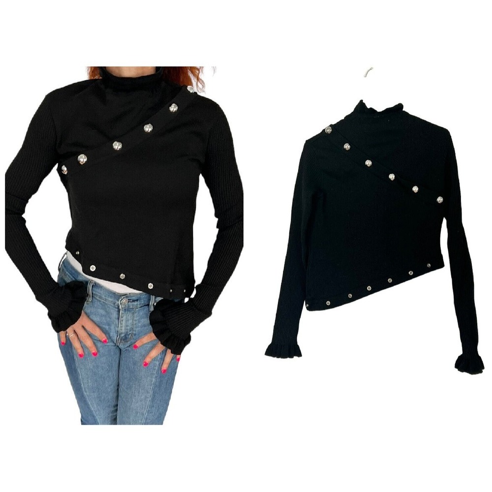 MARQUES ALMEDA BLACK STRETCH KNIT RUFFLE DETAIL ASYMMETRICAL CROP SNAP SWEATER M